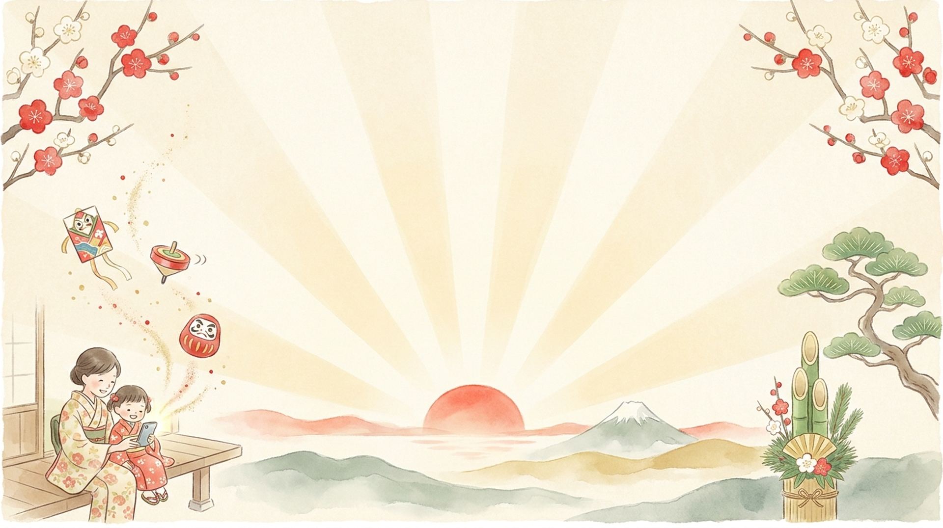 初日の出と富士山、両側から梅の枝。縁側で親子がスマホを見ていて、画面からお正月の縁起物が飛び出している